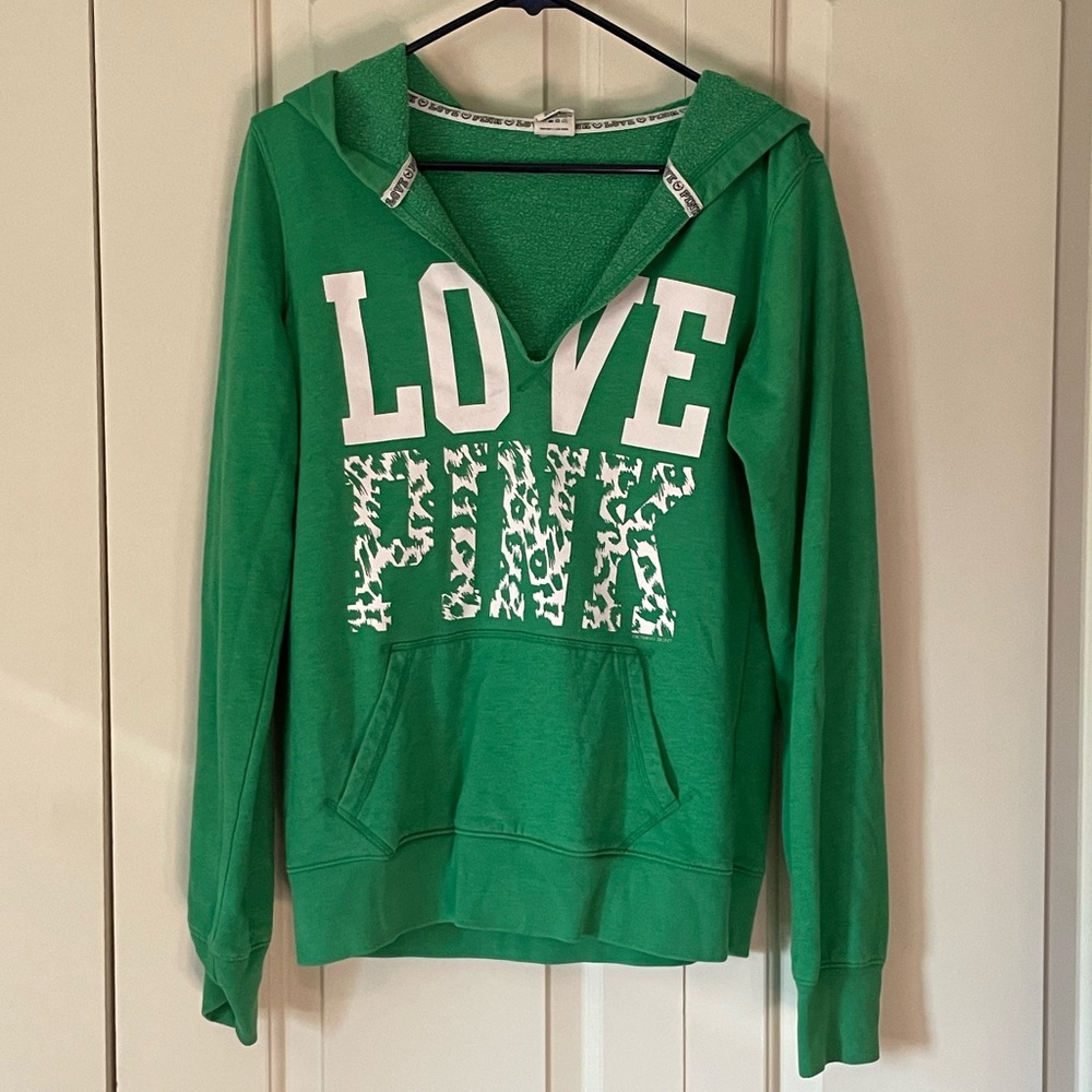 ☘️RARE Vantage Victoria Secret PINK Kelly Green Animal Leopard Hoodie Sweatshirt